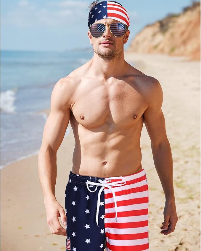 Yahenda 4th of July Shorts Mens USA American Flag Shorts Mens Swim Trunks with Headband Sunglasses Red Blue White Pants - Image 2