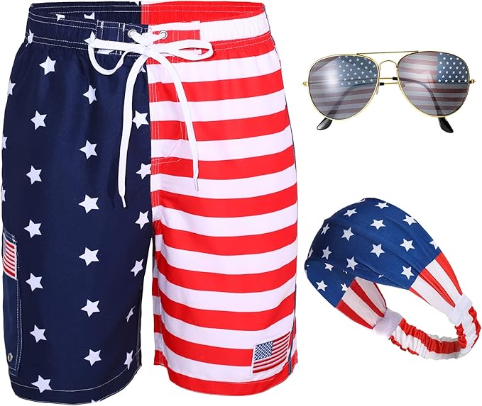 Yahenda 4th of July Shorts Mens USA American Flag Shorts Mens Swim Trunks with Headband Sunglasses Red Blue White Pants
