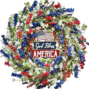 Bibelot 4th of July Independence Day Red White Blue Flower Wreaths, 20" Artificial Flower Wreath with God Bless America Sign Decoration for Front Door, Memorial Day Wreath for Wall Window Party Decor